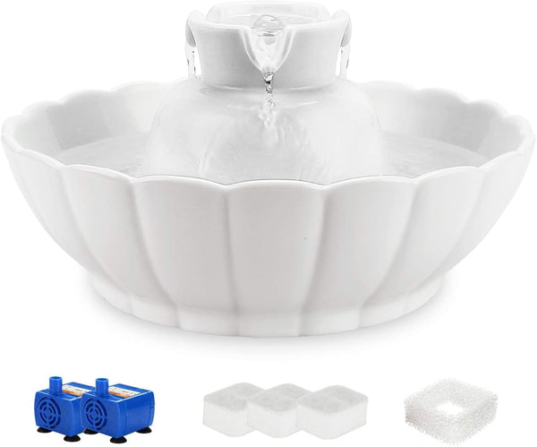 Ipettie Tritone Ceramic Cat Water Fountain, Heavy-Duty Waterer for Pets | 2.1 Liters / 2.2 Quart Filtered Water Purifier with Replacement Filters and Foam, White1
