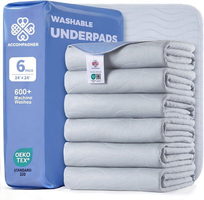 Accompagner Incontinence Bed Pads Washable Waterproof, Ultra-Absorbent Reusable Underpads for Diaper Changing, Nursing, Bedridden, Adults, Seniors, Kids and Dogs (Blue, 24"X24"(Pack of 6))36