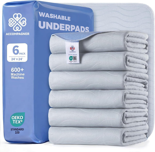 Accompagner Incontinence Bed Pads Washable Waterproof, Ultra-Absorbent Reusable Underpads for Diaper Changing, Nursing, Bedridden, Adults, Seniors, Kids and Dogs (Blue, 24"X24"(Pack of 6))36