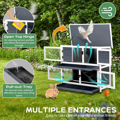 2 Story Solid Wood Rabbit/Bunny Hutch with 2 Large Main Rooms, Indoor Outdoor Rabbit House Guinea Pig Cage Pet House for Small Animals with Ventilation Door Removable Tray Waterproof Roof (Grey)4