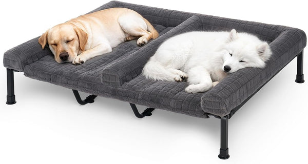 Veehoo Fluffy Plush Double Dog Couch Bed for Two Large Dogs, Washable Elevated Dog Beds with Removable Bolster Cushion, Cooling Raised Pet Cot with Breathable Mesh, No-Slip Feet, 59 X 37 Inches, Grey1