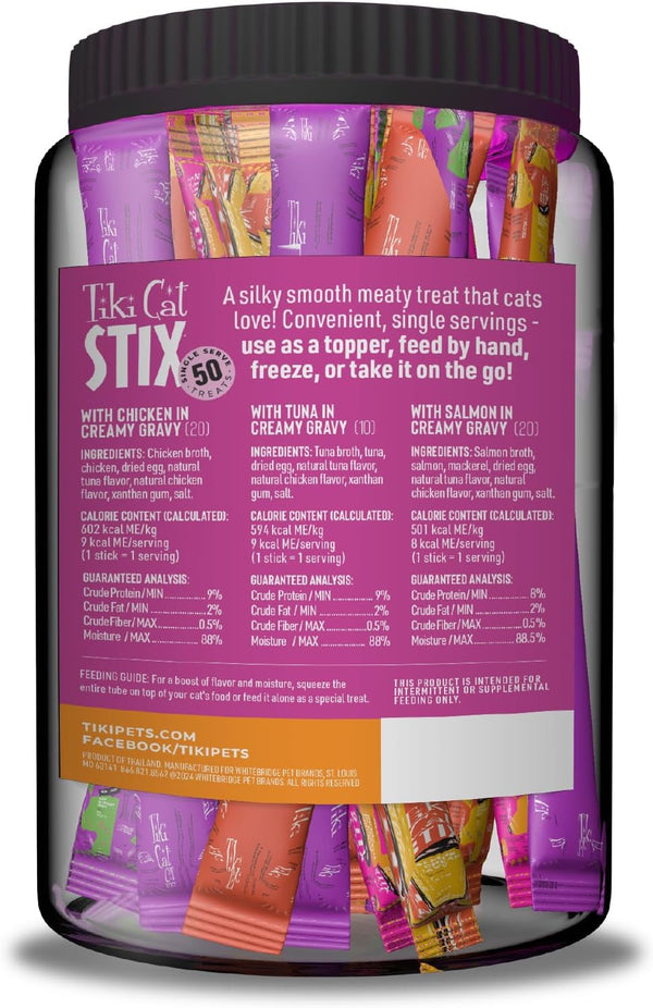 Tiki Cat Stix Mousse Treats, Single Serve Indulgent Lickable Treat or Dry Food Topper, Variety Mega Jar, 0.5 Oz. Servings (50 Count)3