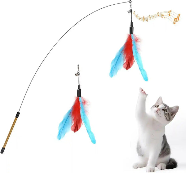Pawaboo Feather Teaser Cat Toy - Interactive Wand with Extra Long 34.5" Wand and Small Bell, Fun Exerciser Playing Toy for Kittens or Cats, Brown Feather22