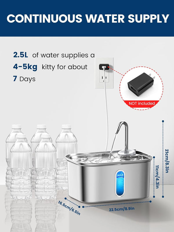 Cat Water Fountain Stainless Steel for Cats Indoor 2.5L 85Oz by Bpa-Free SUS304, Effective 6-Layer Filter Cat Fountain for Drinking 20Db Ultra Quiet Metal Pet Water Fountain (Fountain+1 Filter)4