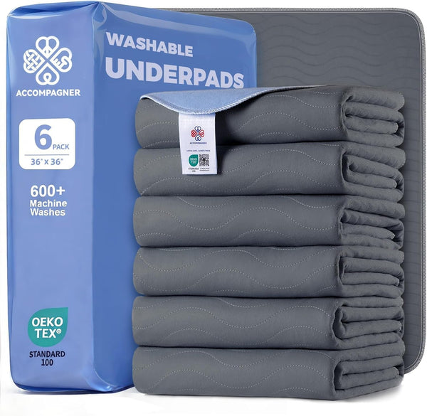 Accompagner Incontinence Bed Pads Washable Waterproof, Ultra-Absorbent Reusable Underpads for Diaper Changing, Nursing, Bedridden, Adults, Seniors, Kids and Dogs (Blue, 24"X24"(Pack of 6))34