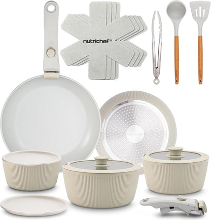 18-Piece Ceramic Cookware Set with Detachable Handles, Space-Saving Nonstick Pots, Pans & Lids, Oven-Safe Bowls, Stackable Storage, Includes Cooking Utensils & Accessories (Green)1