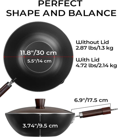 Carbon Steel Wok Pan, Tripole Nitrided Pre-Seasoned Flat Bottom Woks & Stir-Fry Pans Nonstick, Chinese Wok with Glass Lid for All Stovetops, Gift for Chef - 11.8 Inch6