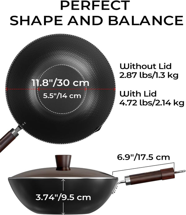 Carbon Steel Wok Pan, Tripole Nitrided Pre-Seasoned Flat Bottom Woks & Stir-Fry Pans Nonstick, Chinese Wok with Glass Lid for All Stovetops, Gift for Chef - 11.8 Inch6