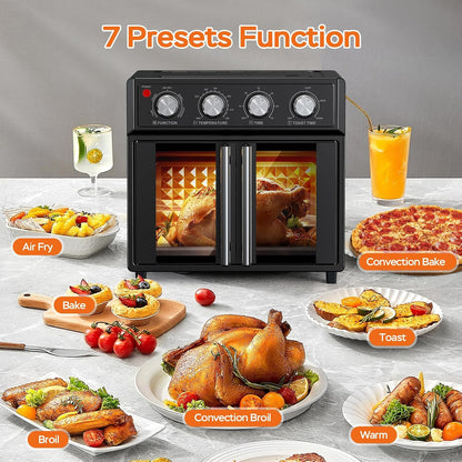 26QT Air Fryer Toaster Oven Combo - French Doors & 7 Preset Menus, 1700W Stainless Steel Convection Countertop Oven for Bake, Roast, Grill, Toast, Dehydrate, Defrost, Easy to Clean (Black)7