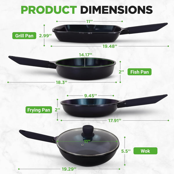 5 Pc Frying Pan Set Non Stick with Wok, Grill and Fish Pan | Ceramic Non Stick Coating, Die-Casting Aluminum, Stain-Resistant, Even Heat, Induction, Gas & Electric Cooktops Compatible6