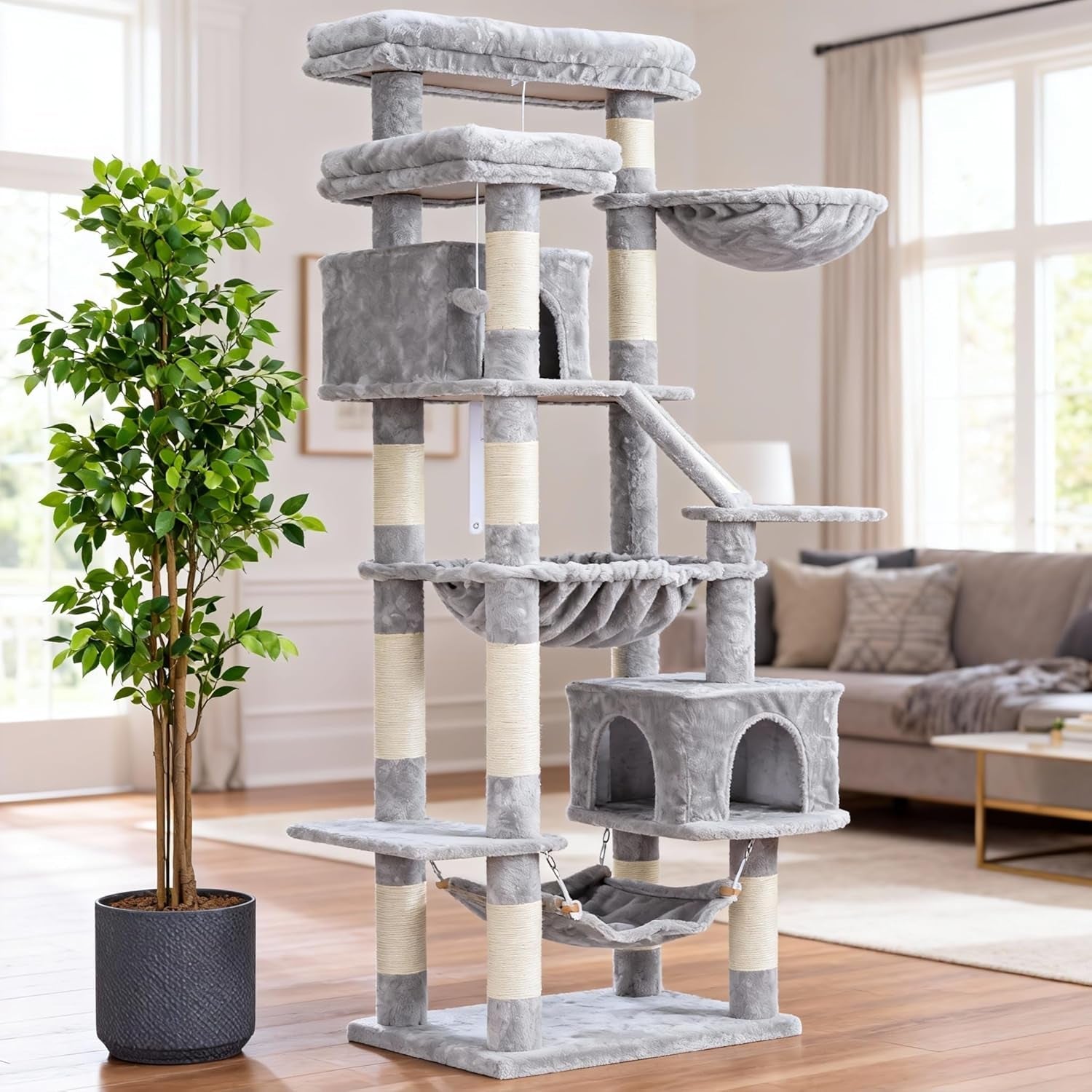 heybly-cat-tree-71-inch-tall-tower-for-indoor-cats-with-2-perches-hct034w-large-cat-furniture-with-2-big-condos-2-hammocks-basket-scratching-pad-multi-level-cat-condo-light-gray