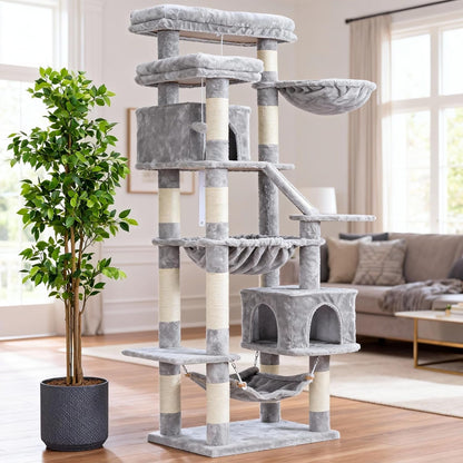 Heybly Cat Tree, 71-Inch-Tall Tower for Indoor Cats with 2 Perches HCT034W | Large Cat Furniture with 2 Big Condos, 2 Hammocks, Basket, Scratching Pad, Multi-Level Cat Condo, Light Gray9