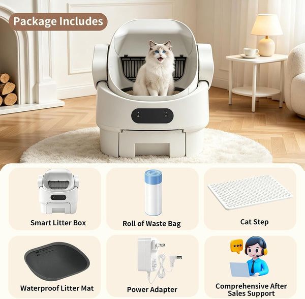 Automatic Self-Cleaning Litter Box, Open-Top, Microwave Radar, White | Multi-Sensor Safety, Large Waste Bin, Whisper-Quiet, Easy Setup, Rinse-Clean in Seconds, for Multi-Cat Homes9
