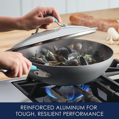 Cucina Hard-Anodized Nonstick Covered Stir Fry Pan, 11-Inch, Gray, Agave Blue Handles4