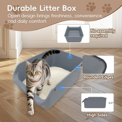 Large Cat Litter Box with High Sides,Durable Open Top Cat Litter Pan for Kitty,Plastic Indoor Big Cat Box with High Wall,Senior Cat Toilet with Low Entry,Easy to Clean,Anti-Splashing(Grey)5
