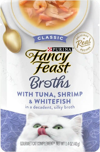Purina Fancy Feast Broths Classic Cat Food Topper with Tuna, Shrimp, and Whitefish - (Pack of 16) 1.4 Oz. Pouches1