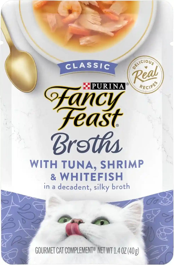 Purina Fancy Feast Broths Classic Cat Food Topper with Tuna, Shrimp, and Whitefish - (Pack of 16) 1.4 Oz. Pouches1