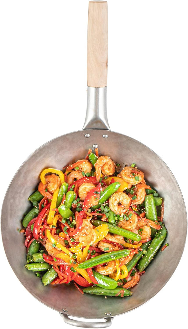 Carbon Steel Wok 1 Pack of 12 Inch Heavy-Duty Stir Fry Pan Silver Hand Hammered Wok Efficient Maneuvering Steel Helper Handle Uniform Heat Distribution Asian Cooking11