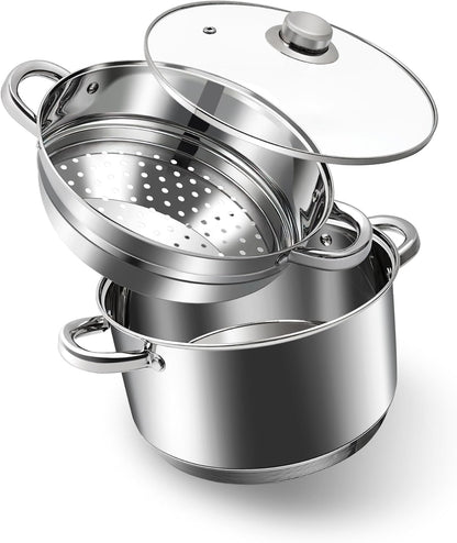 ® 4 Quart 18/10 Stainless Steel Tri-Ply Stockpot and Steamer with Tempered Glass Lid, Multipurpose Steamer Pot Compatible with All Cooktops, Non-Toxic Soup Pot, Oven & Dishwasher Safe (Silver)1