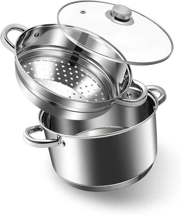 ® 4 Quart 18/10 Stainless Steel Tri-Ply Stockpot and Steamer with Tempered Glass Lid, Multipurpose Steamer Pot Compatible with All Cooktops, Non-Toxic Soup Pot, Oven & Dishwasher Safe (Silver)1