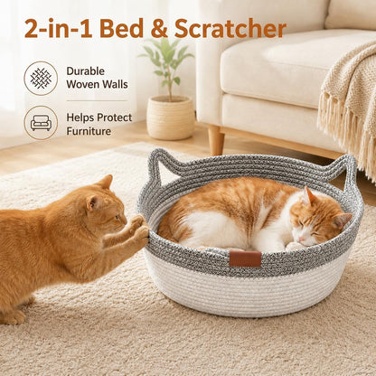 Large Scratchable Handwoven for Cats Stimulicat Handwoven Cat Basket, Cotton Rope Cat Bed round Pet Basket, Hand Woven Boho Cat Bed (Grey, without Cushion)3