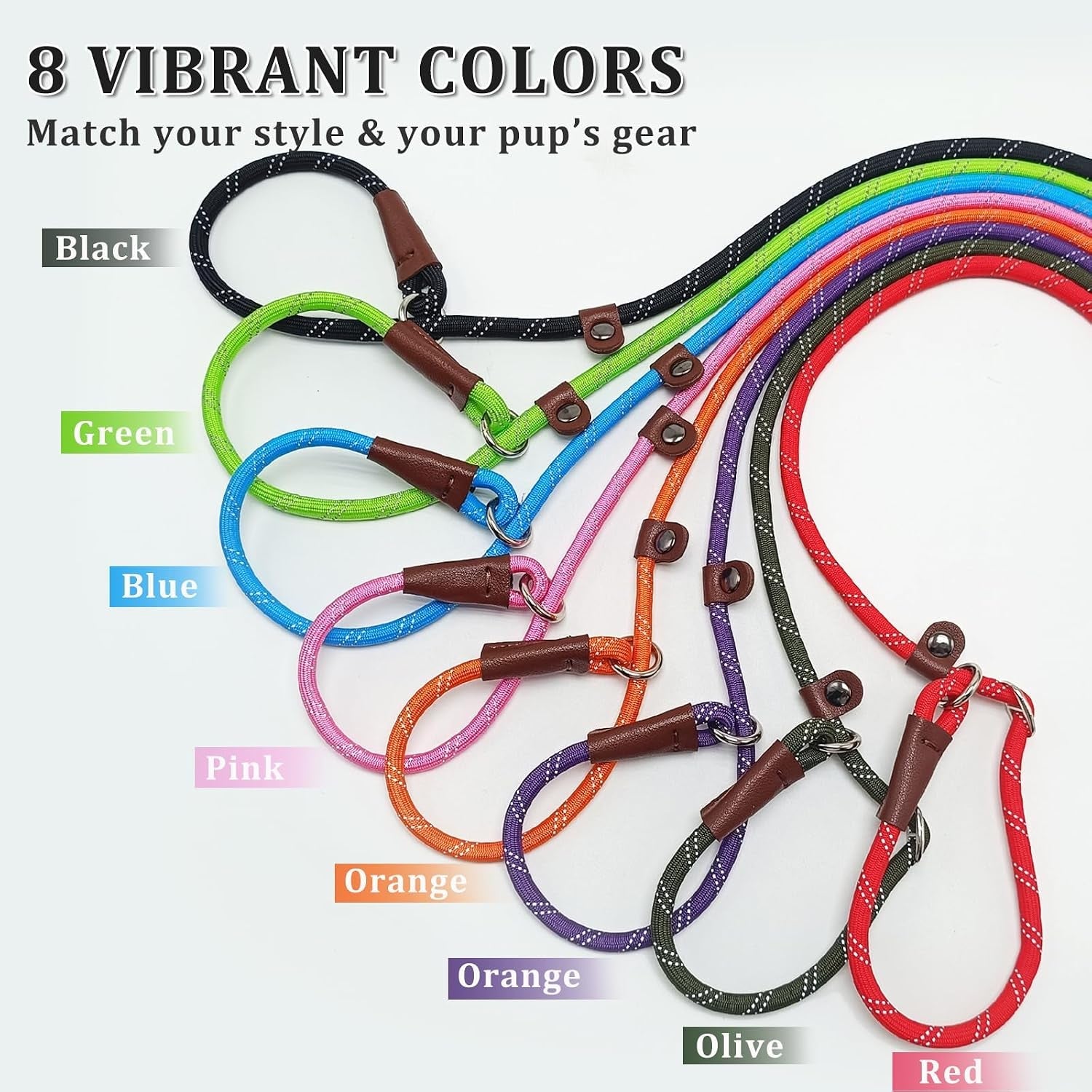 wyuze-8ft-slip-lead-dog-leash-adjustable-slip-collar-puppy-training-lead-2-pack-1-3-reflective-rope-leash-lightweight-easy-use-for-small-medium-dogs-no-pull-walking-black-orange