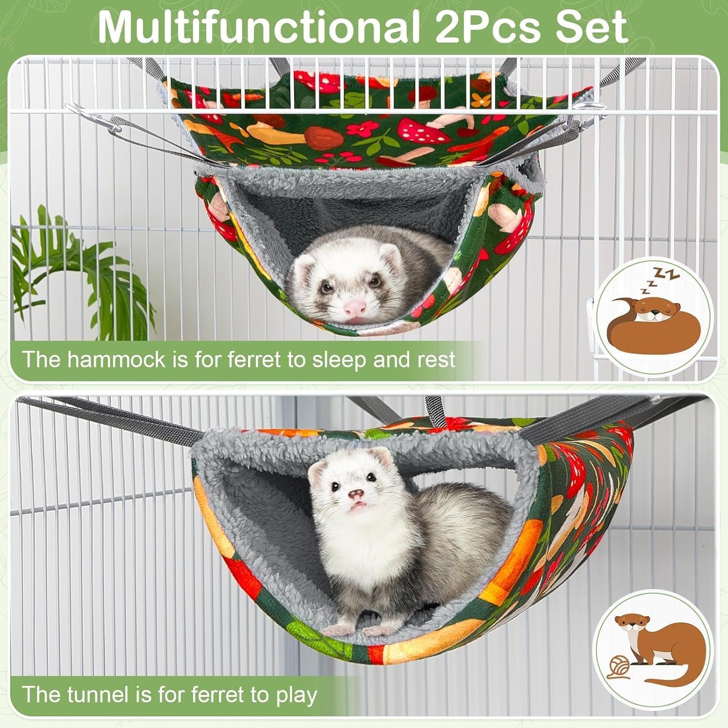 bienbee-2-pcs-ferret-rat-hammock-set-for-cage-washable-guinea-pig-hideout-bed-soft-small-animal-hammock-tunnel-toys-ferret-cage-accessories-for-hedgehog-sugar-glider-squirrel-hamster-green-mushroom