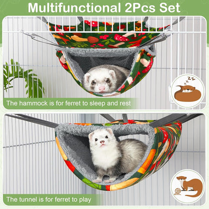 Bienbee 2 Pcs Ferret Rat Hammock Set for Cage Washable Guinea Pig Hideout Bed Soft Small Animal Hammock Tunnel Toys Ferret Cage Accessories for Hedgehog Sugar Glider Squirrel Hamster, Green Mushroom3