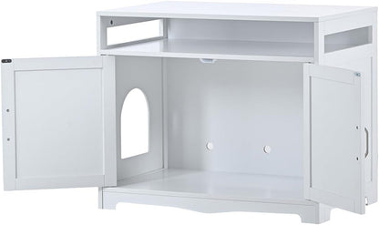 31.5" L White Cat Litter Box Enclosure with Hidden Plug & 2 Doors, Indoor Large Cat Washroom Storage Bench Side Table5