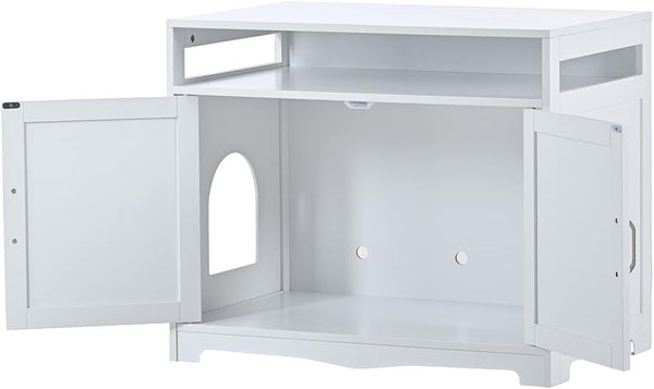 31.5" L White Cat Litter Box Enclosure with Hidden Plug & 2 Doors, Indoor Large Cat Washroom Storage Bench Side Table5