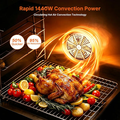 Hakka 24QT/21L Commercial Convection Oven, 1440W Stainless Steel 3-Tier | Conventional Electric Countertop Oven, Double Insulated Cabinet Toaster for Baking, 120-Minute Timer, 150°F-500°F, Wire Racks4