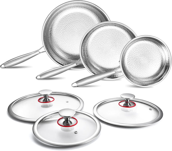 Hammered Non Stick Titanium Frying Pan with Lid - Stainless Steel Kitchen Cookware Pot Scratch-Resistant, Even Heating Cookware for All Stovetops (8, 10, and 12 Inch -With Lid)1