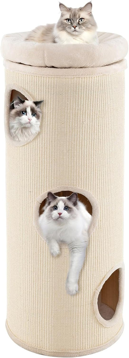 Tangkula 4 Story Cat Tree Condo, 49” Barrel-Shaped Cat House with Detachable Sisal Scratching Board, 3 Hideaways & Removable Soft Top Plush Bed, Interior Bamboo Mat, Modern Cat Tower for Indoor Cats1