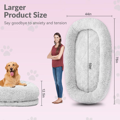 79"X44"X12.5" Human Dog Bed for Adult Faux Fur Washable Human Dog Bed Portable Handle, Egg Orthopedic Foam Human Bed Extra Large Grey2