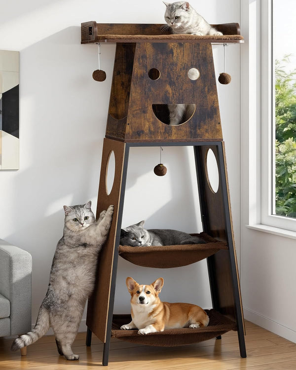 Modern Wood Cat Tree Tower for Indoor Large Adult Cats with Big Perch Bed | 33.8In Tall Wooden Cat Trees with Platform, Cat Scratching Pads, Washable Cushions, Cat Furniture for Window, Rustic Brown15