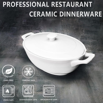 9" X 6.5" Oval Casserole Dish with Lids,1.9 Quart French White Ceramic Serving Soup Tureens, Baking Dish with Handle 12.1 IN, for Casseroles, Lasagna Cookware Set, Microwave, Oven Safe3