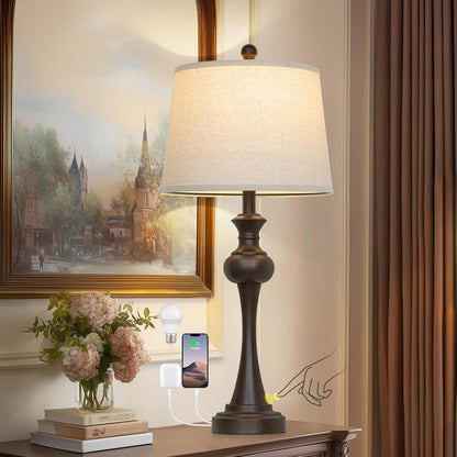 Brown Touch Table Lamps,28.75" Tall Bedside Lamps with USB C+A Ports, 3-Way Dimmable Table Lamp, Nightstand Lamps for Bedroom, Living Room，Brown Lamps with Beige Lampshade, Bulb Included2