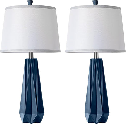 27'' Navy Blue Resin Table Lamps, Desk Lamps with 3 Color Temperature | Prism-Shaped Lamp Body, Rotary Switch, E26 Base, with Linen Shade, Desk Lamps for Living Room, Bedroom, 2 Bulbs Included8