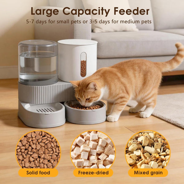 2 in 1 Automatic Gravity Cat Dog Feeder and Water Dispenser with 304 Stainless Steel Bowls, 360 Degree Rotatable Auto Food with 2 Specialized Brushes for Small Medium Pet Dog Puppy Kitten (Gray)6