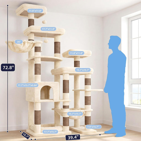 Hey-Brother Cat Tree Tower, Wide Base, 5 Platforms for Multi-Cats, MPJ074MJ | 72.8 Inches Tall Furniture, 5 Plush Beds, Large Condo, Big Hammocks, Sisal Scratching Posts, for Indoor Adult Cat Beige Brown2