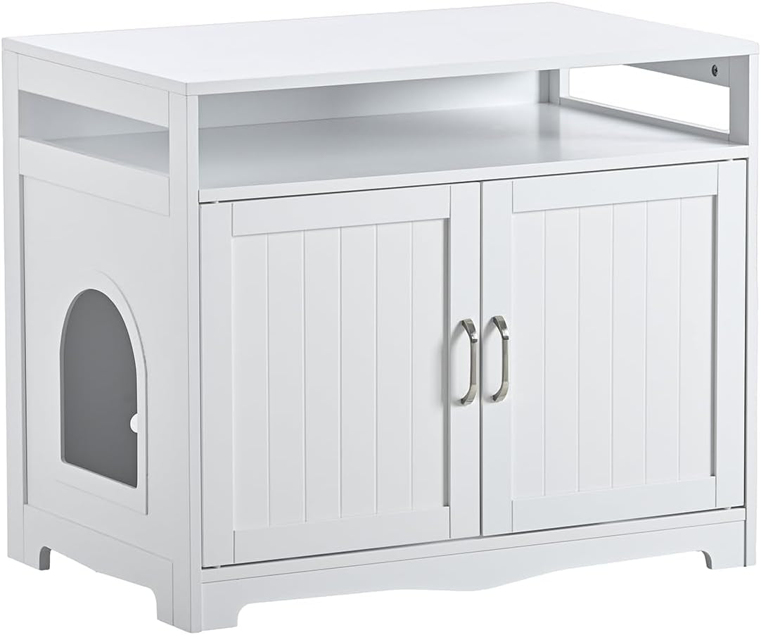 31-5-l-white-cat-litter-box-enclosure-with-hidden-plug-2-doors-indoor-large-cat-washroom-storage-bench-side-table