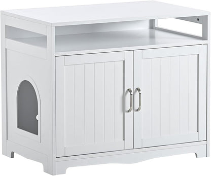 31.5" L White Cat Litter Box Enclosure with Hidden Plug & 2 Doors, Indoor Large Cat Washroom Storage Bench Side Table1