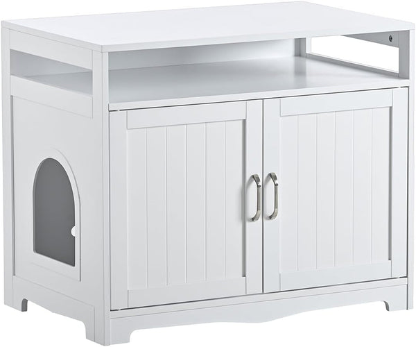 31.5" L White Cat Litter Box Enclosure with Hidden Plug & 2 Doors, Indoor Large Cat Washroom Storage Bench Side Table1