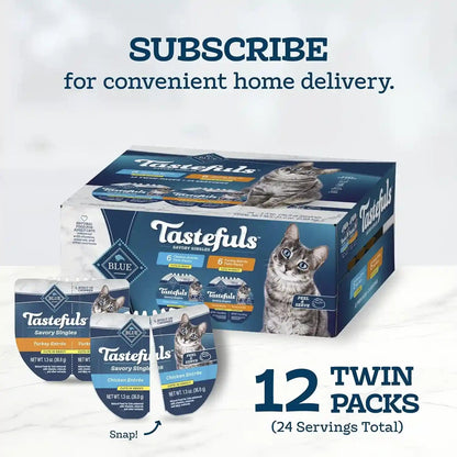 Blue Buffalo Tastefuls Savory Singles Variety Pack, Wet Cat Food in Gravy, 2.6-Oz. Twin-Pack Trays, Chicken & Turkey Entreé (12 Count)11