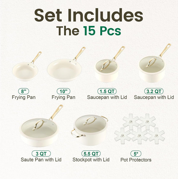 Ceramic Cookware Sets, 15Pcs Pots and Pans Set Non Stick, Cookware Set with Stainless Steel Handle, Dishwasher & Oven Safe, Cream White and Light Gold Handle2