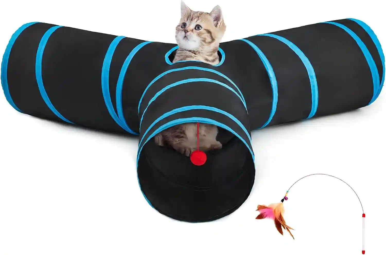 tempcore-pet-cat-tunnel-tube-toys-3-way-collapsible-tunnels-for-indoor-cats-interactive-tube-with-teaser-wand-peek-holes-hanging-ball-black-blue