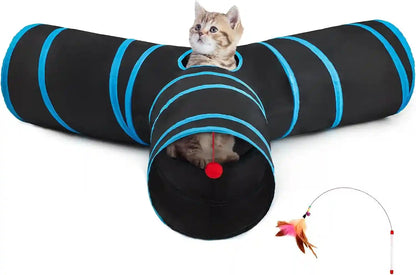 Tempcore Pet Cat Tunnel Tube Toys 3 Way Collapsible, Tunnels for Indoor Cats, Interactive Tube with Teaser Wand, Peek Holes & Hanging Ball, Black & Blue37