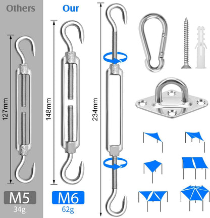 Sun Shade Sail Hardware Kit 6 Inch for Rectangle & Triangle Shade Sail Install, Stainless Steel Shade Sail Fixing Accessories for Outdoor Patio Canopy Garden, Heavy Duty Awning Attachment Set (44 Pcs)2