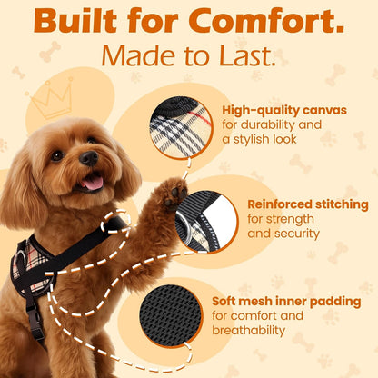 Bark Appeal Tan Plaid No-Pull Dog Harness for Extra Small to Small Sized Pets – Adjustable, Reflective Vest with 3 Leash Clips for Added Control, Easy Walks & Training – Small3
