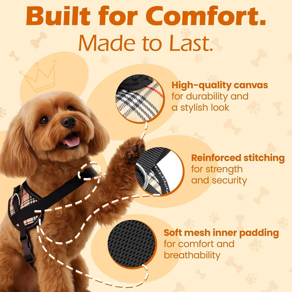 Bark Appeal Tan Plaid No-Pull Dog Harness for Extra Small to Small Sized Pets – Adjustable, Reflective Vest with 3 Leash Clips for Added Control, Easy Walks & Training – Small3